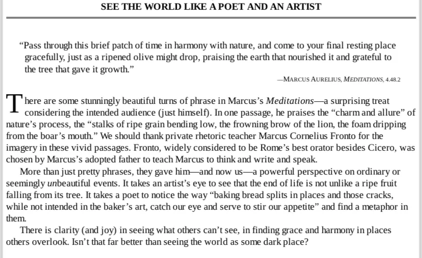 The Daily Stoic page 'See the World Like a Poet and an Artist', quoting Marcus Aurelius on the ripened olive
