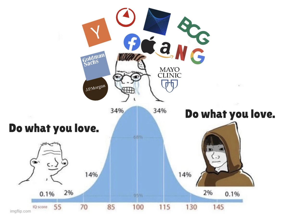 Bell curve meme: both the low and high ends say 'do what you love', while the middle stresses over prestigious companies